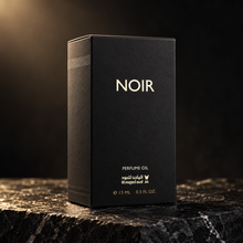 Original Al Majed Oud Noir Perfume Oil 15ml black carton on dark stone