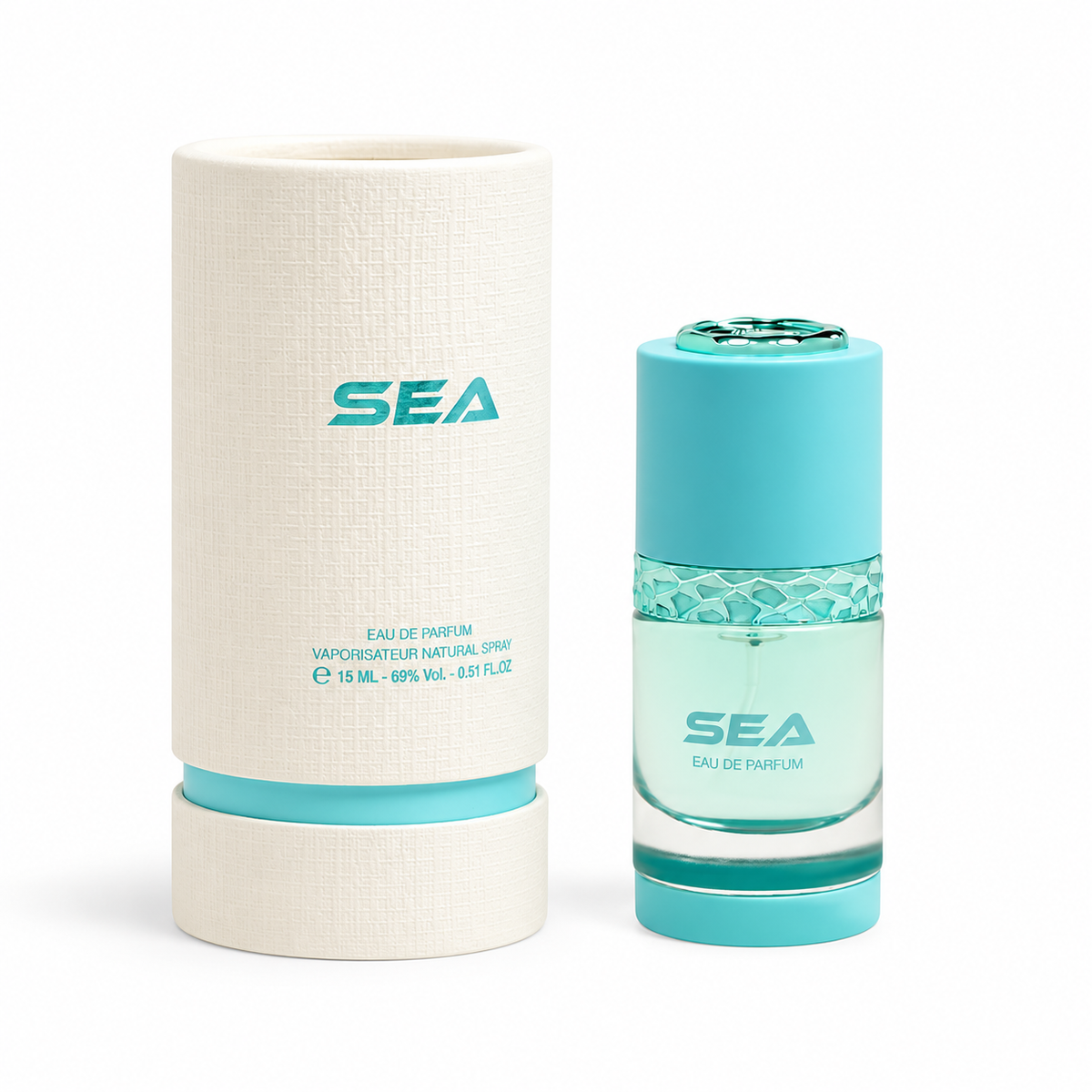 Al Majed Oud Sea EDP 15ml turquoise bottle and original cream presentation tube on white