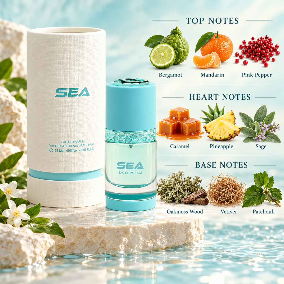 Al Majed Oud Sea fragrance notes: citrus and pink pepper, caramel pineapple sage, oakmoss vetiver patchouli