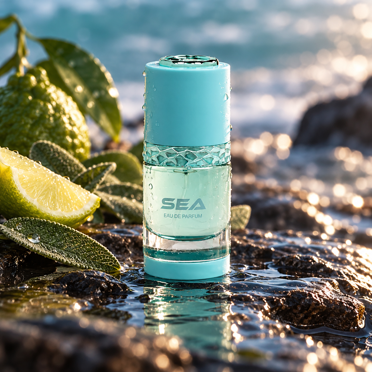 Al Majed Oud Sea 15ml turquoise bottle on wet stone with bergamot and sage