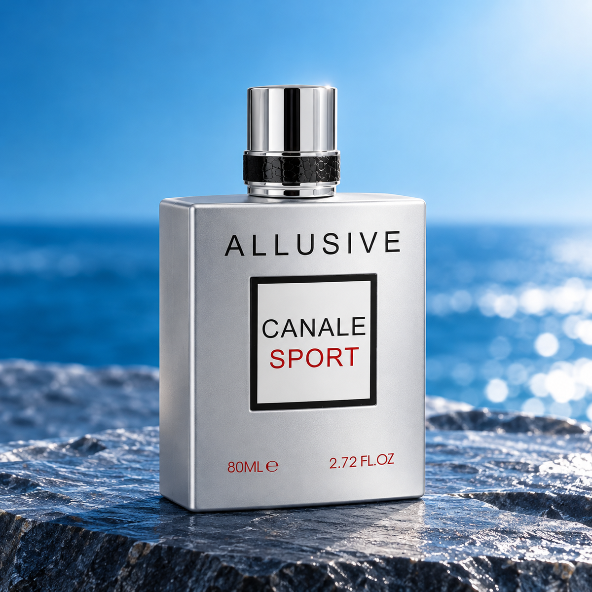 Allusive Canale Sport 80ml silver perfume bottle studio portrait