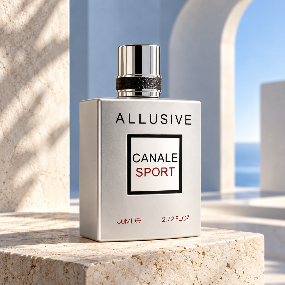 Allusive Canale Sport 80ml bottle on sunlit limestone plinth