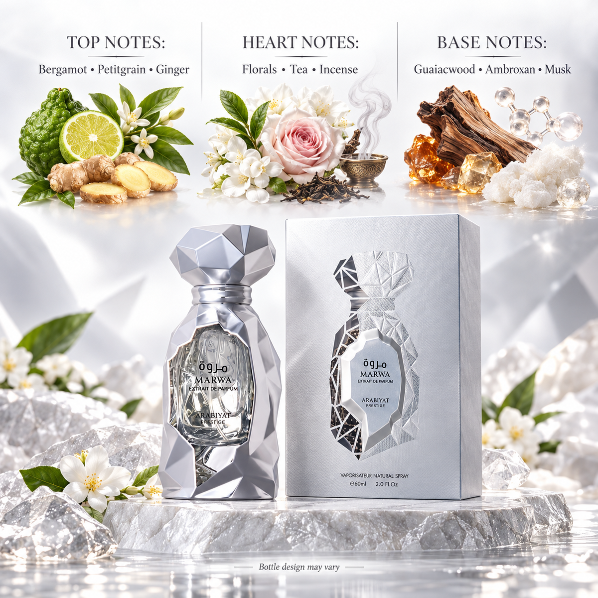 Marwa Extrait notes: bergamot petitgrain ginger; florals tea incense; guaiacwood Ambroxan musk; bottle design may vary