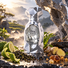 Marwa Extrait bottle with bergamot ginger tea and incense in atmospheric garden light; design may vary