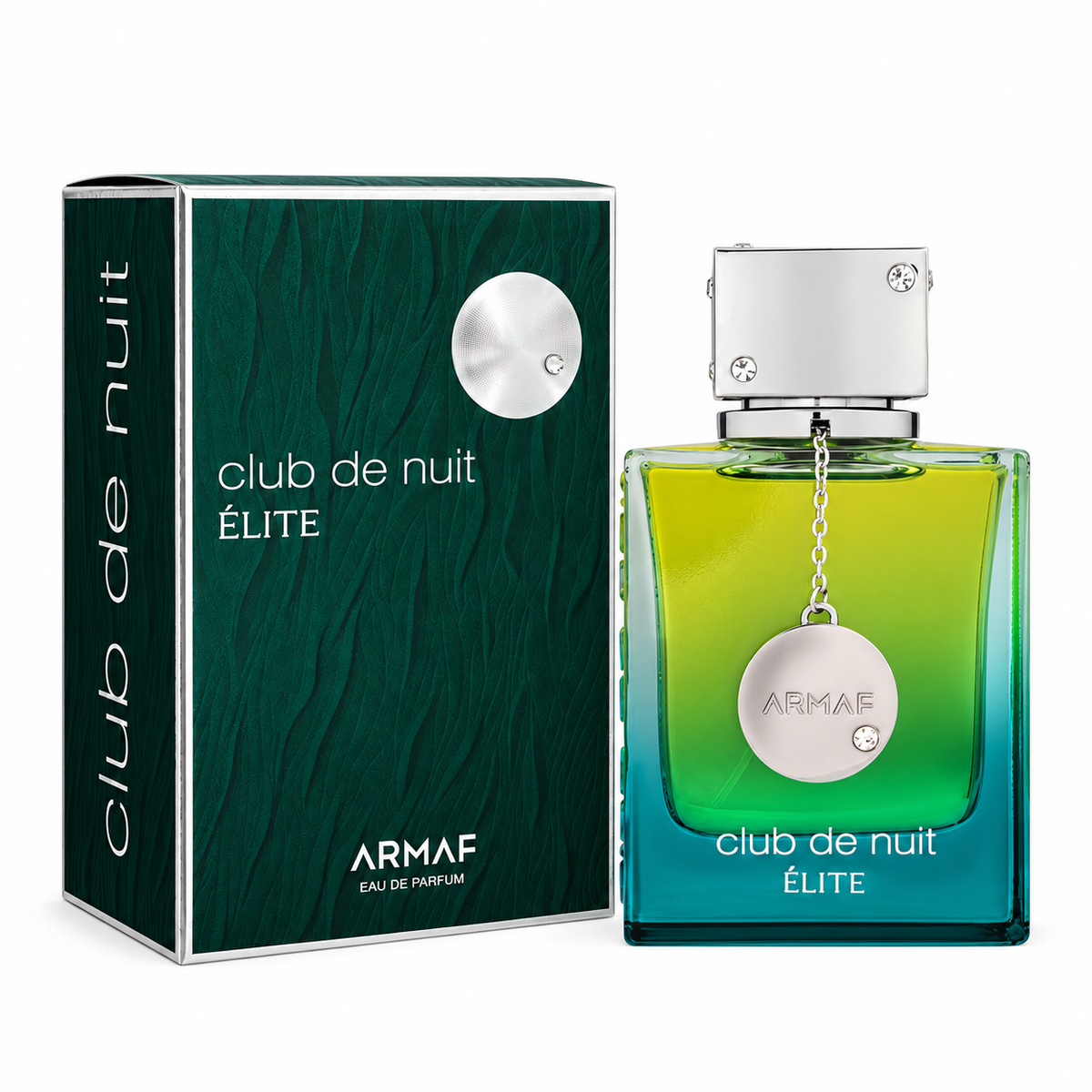Armaf Club de Nuit Elite EDP 105ml bottle and original dark green box on white