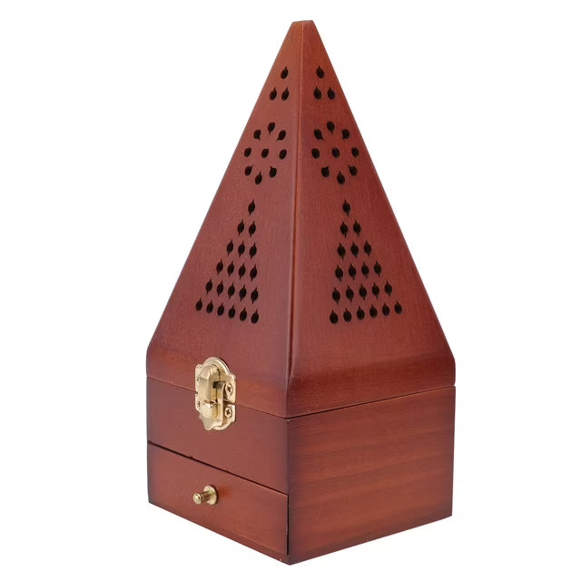 Pyramid Incense Burner Wooden Retro Censer Home Decor Dark Red