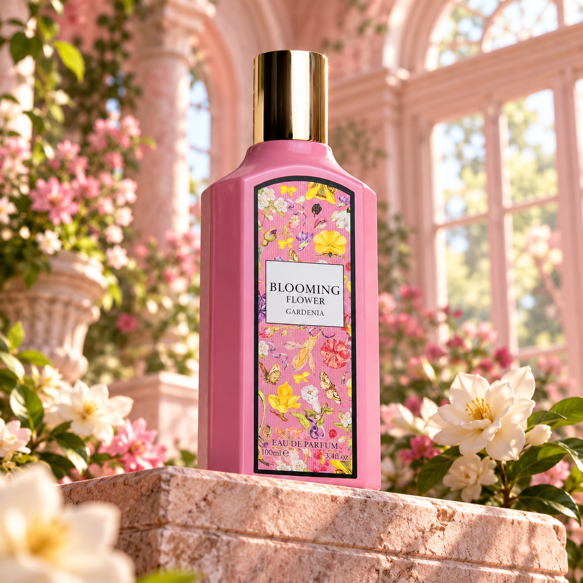 Blooming Flower Gardenia bottle on pink stone in a garden conservatory