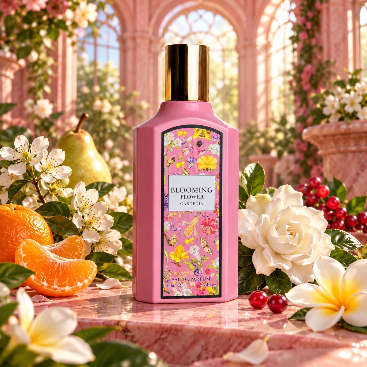 Blooming Flower Gardenia bottle with mandarin blossoms red berries gardenia and frangipani