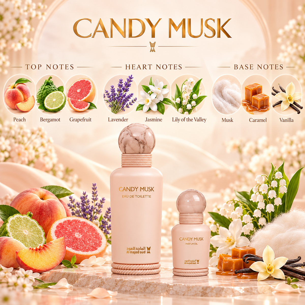 Candy Musk gift set notes: peach, bergamot and grapefruit; lavender, jasmine and lily of the valley; musk, caramel and vanilla