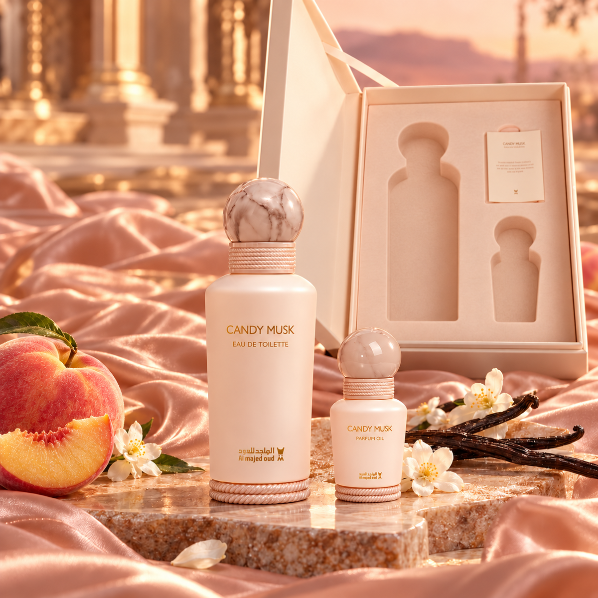 Candy Musk EDT and perfume oil beside their open fitted gift box with peach and vanilla props