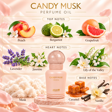 Candy Musk perfume oil notes: peach, bergamot and grapefruit; lavender, jasmine and lily of the valley; musk, caramel and vanilla