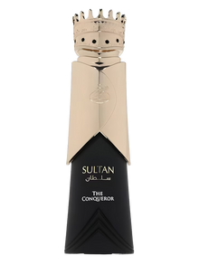 Luxury black and gold Arabian oud perfume bottle with crown-shaped cap, labeled Sultan The Conqueror.
