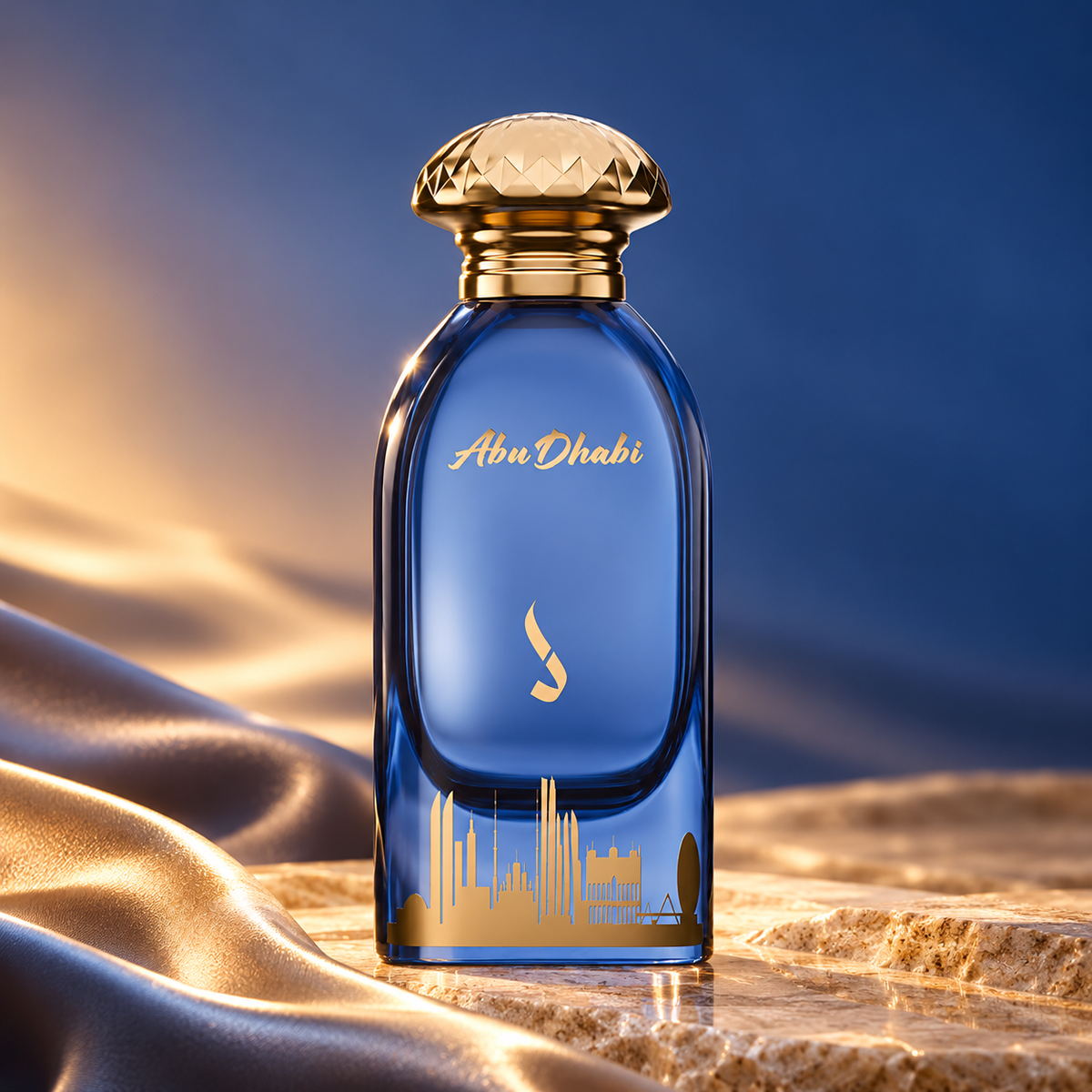 DKHONI Abu Dhabi 100ml Eau de Parfum — bottle on a premium studio set