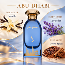 DKHONI Abu Dhabi 100ml Eau de Parfum bottle with top, heart and base fragrance notes