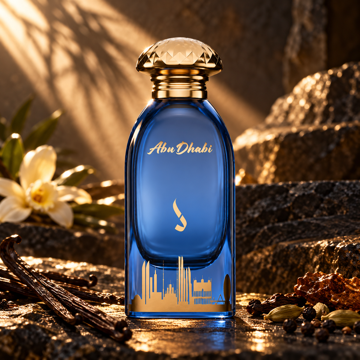 DKHONI Abu Dhabi 100ml Eau de Parfum — cinematic fragrance photograph