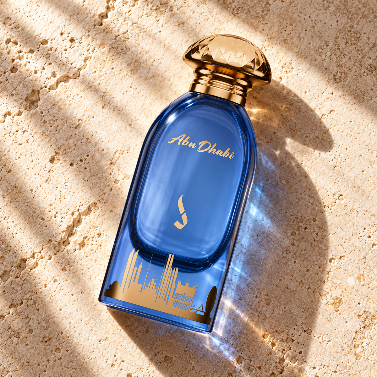DKHONI Abu Dhabi 100ml Eau de Parfum — overhead bottle composition