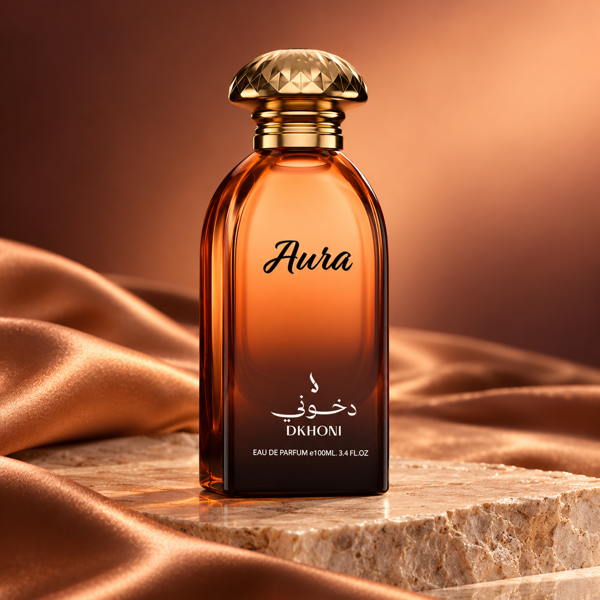 DKHONI Aura 100ml Eau de Parfum — bottle on a premium studio set