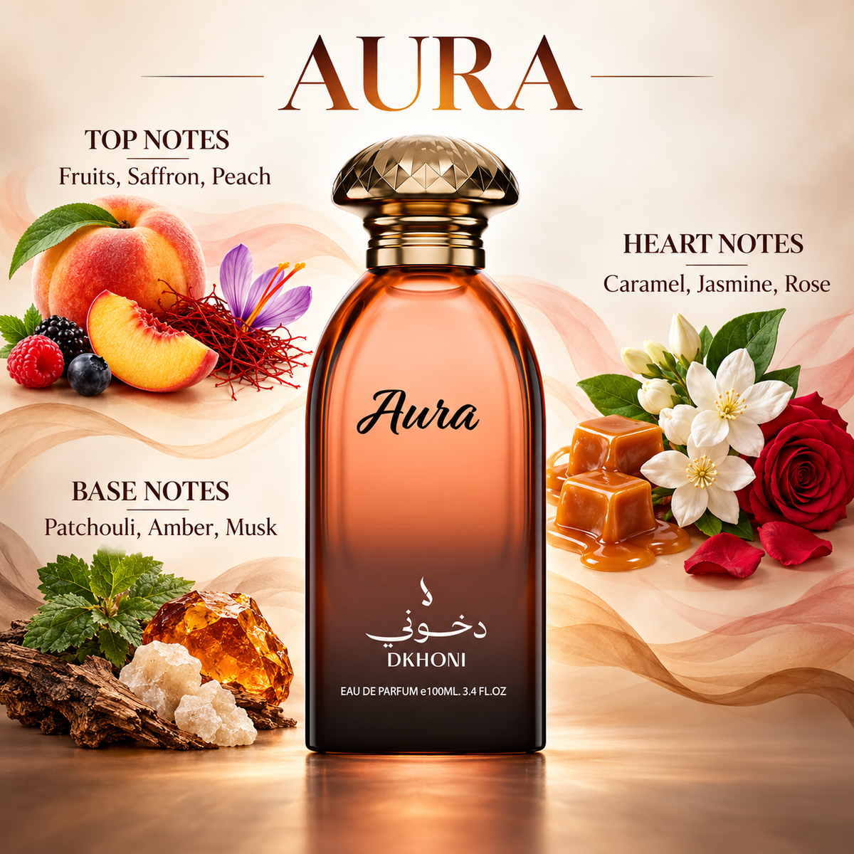 DKHONI Aura 100ml Eau de Parfum — top, heart and base fragrance notes