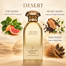 DKHONI Desert 100ml Eau de Parfum bottle with top, heart and base fragrance notes
