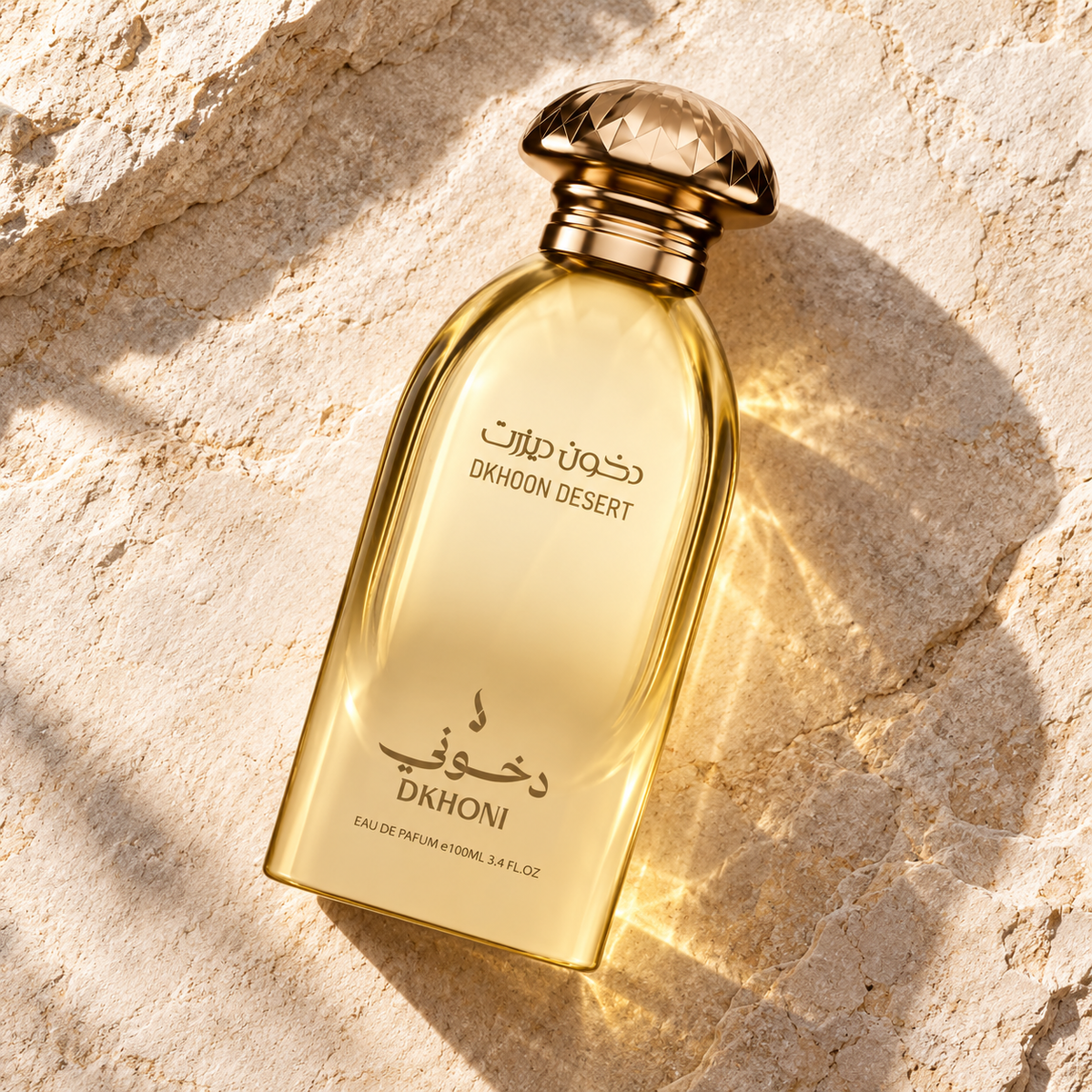 DKHONI Desert 100ml Eau de Parfum — overhead bottle composition