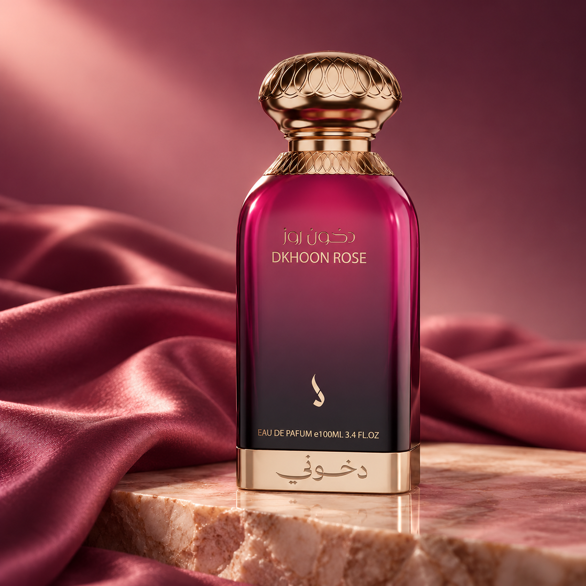 DKHONI Dkhoon Rose 100ml Eau de Parfum — bottle on a premium studio set