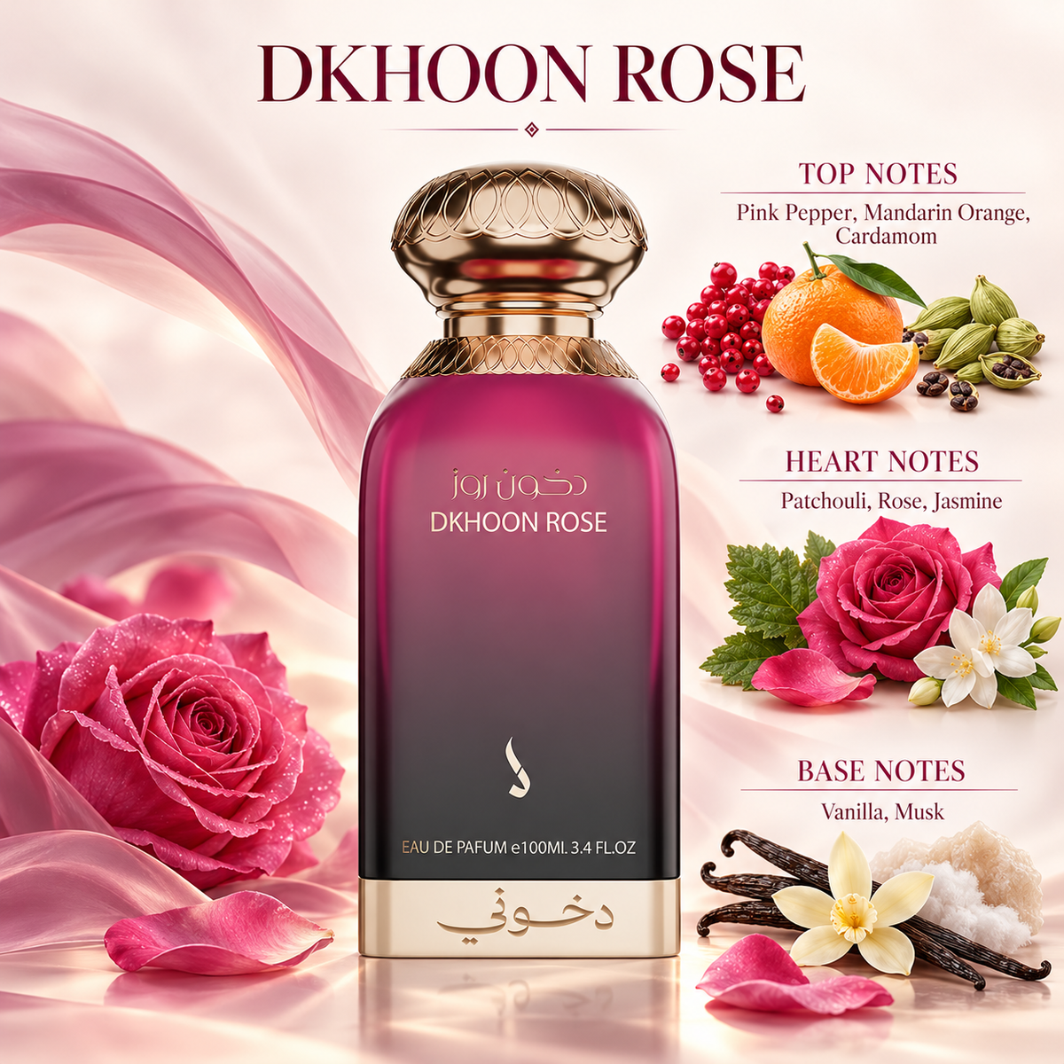 DKHONI Dkhoon Rose 100ml Eau de Parfum bottle with top, heart and base fragrance notes