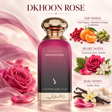 DKHONI Dkhoon Rose 100ml Eau de Parfum bottle with top, heart and base fragrance notes