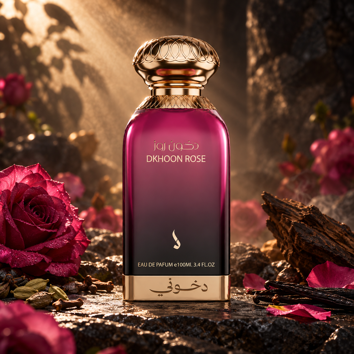 DKHONI Dkhoon Rose 100ml Eau de Parfum — cinematic fragrance photograph