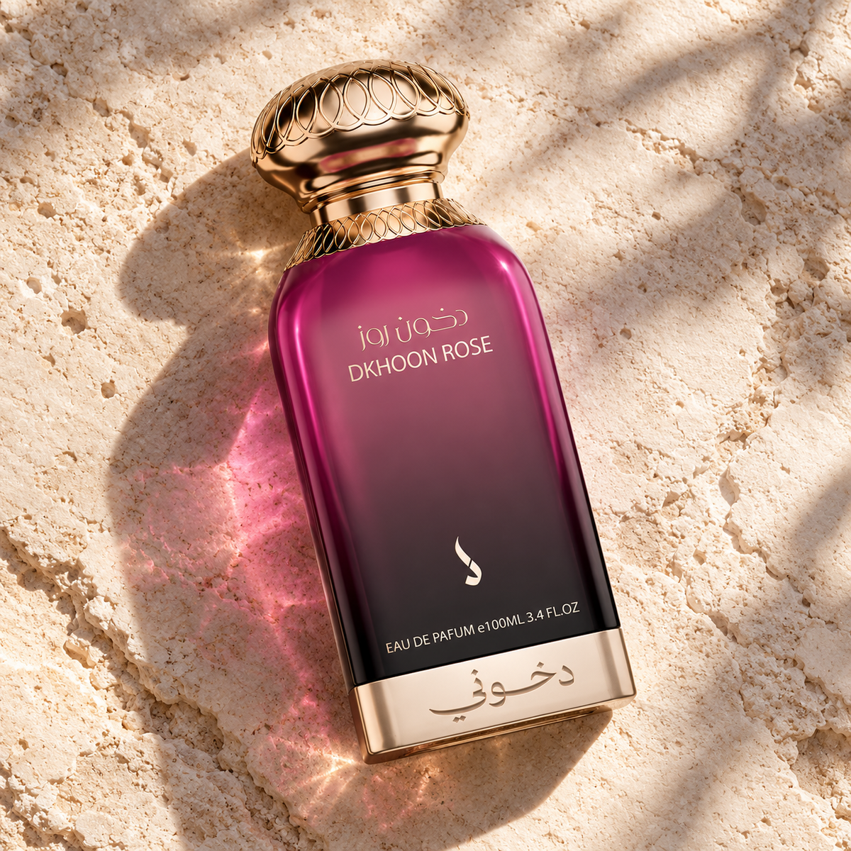 DKHONI Dkhoon Rose 100ml Eau de Parfum — overhead bottle composition