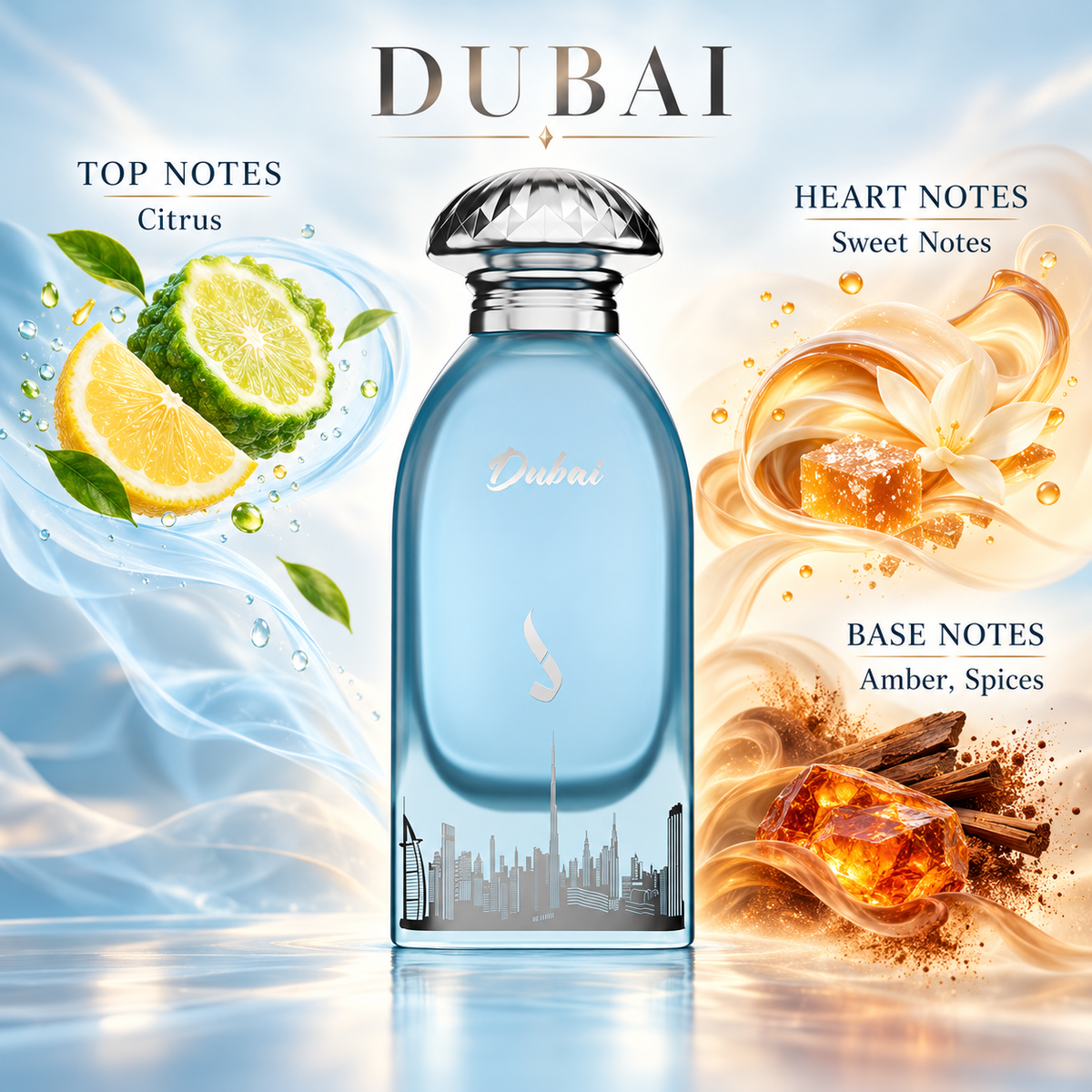 DKHONI Dubai 100ml Eau de Parfum bottle with top, heart and base fragrance notes