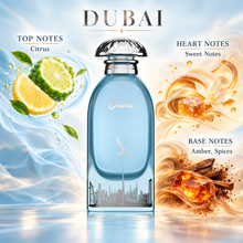 DKHONI Dubai 100ml Eau de Parfum bottle with top, heart and base fragrance notes
