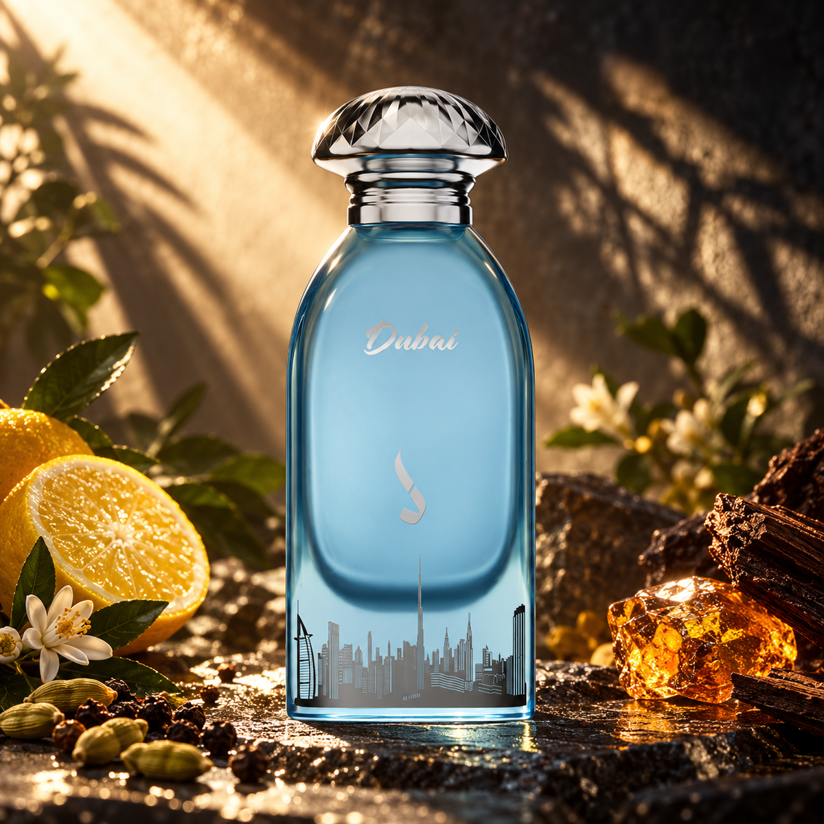 DKHONI Dubai 100ml Eau de Parfum — cinematic fragrance photograph