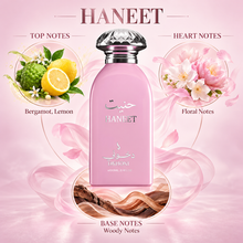 DKHONI Haneet 100ml Eau de Parfum bottle with top, heart and base fragrance notes