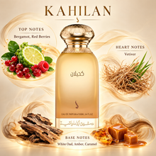 DKHONI Kahilan 100ml Eau de Parfum bottle with top, heart and base fragrance notes