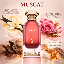 DKHONI Muscat 100ml Eau de Parfum bottle with top, heart and base fragrance notes