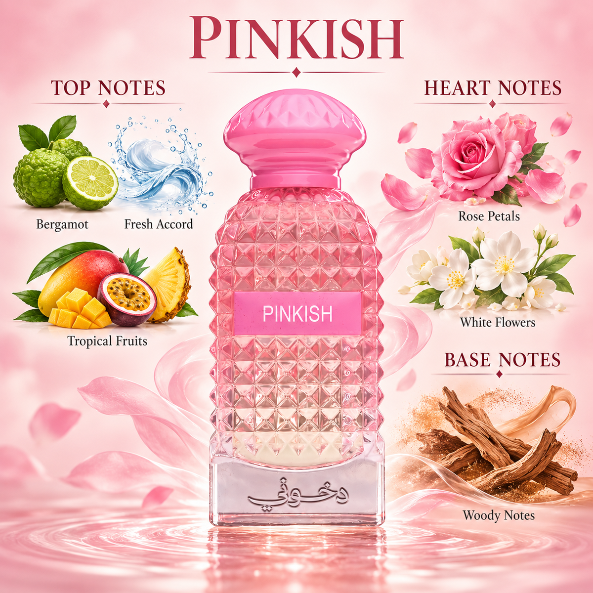 DKHONI Pinkish 100ml Eau de Parfum bottle with top, heart and base fragrance notes