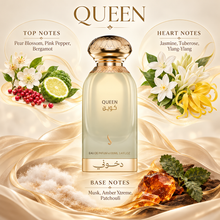 DKHONI Queen 100ml Eau de Parfum bottle with top, heart and base fragrance notes