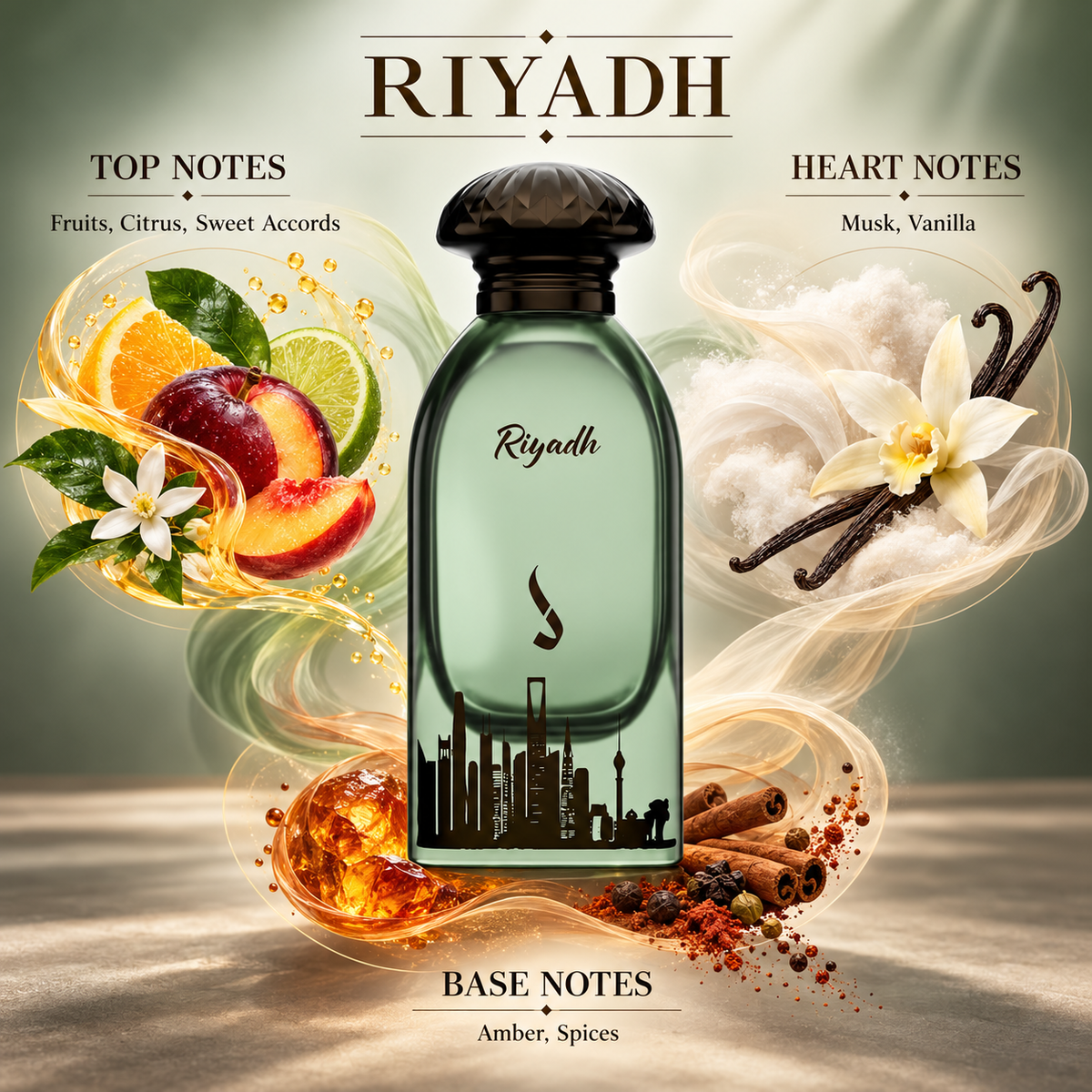 DKHONI Riyadh 100ml Eau de Parfum bottle with top, heart and base fragrance notes