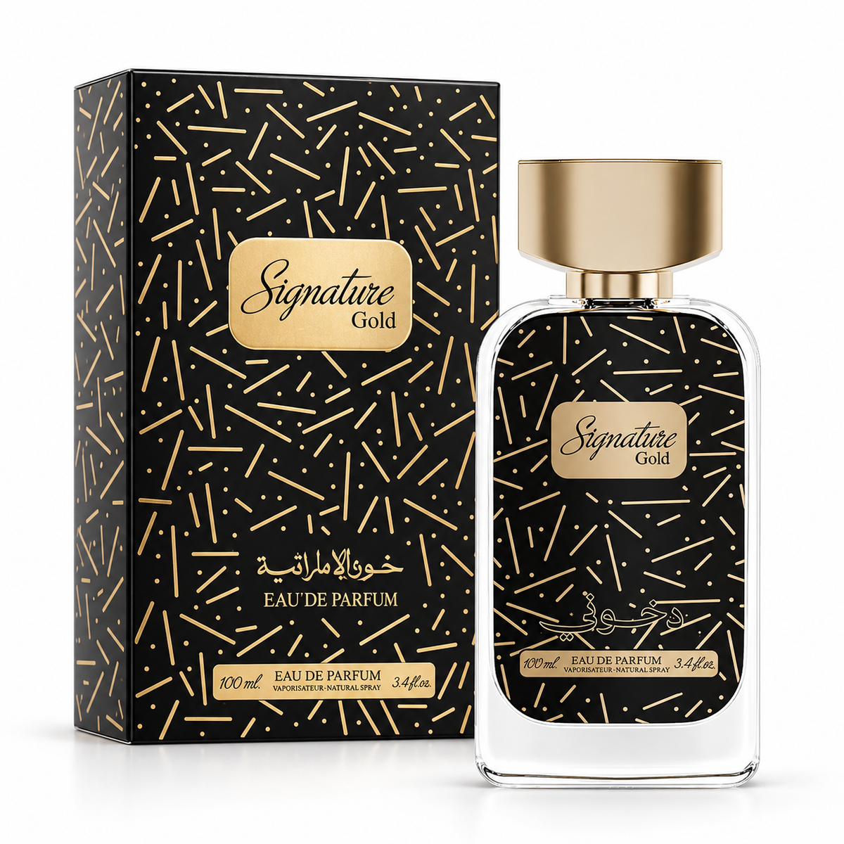 DKHONI Signature Gold 100ml Eau de Parfum — bottle with original retail box on white