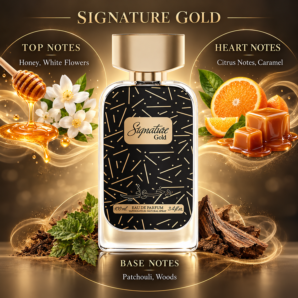 DKHONI Signature Gold 100ml Eau de Parfum bottle with top, heart and base fragrance notes