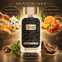 DKHONI Signature Gold 100ml Eau de Parfum bottle with top, heart and base fragrance notes