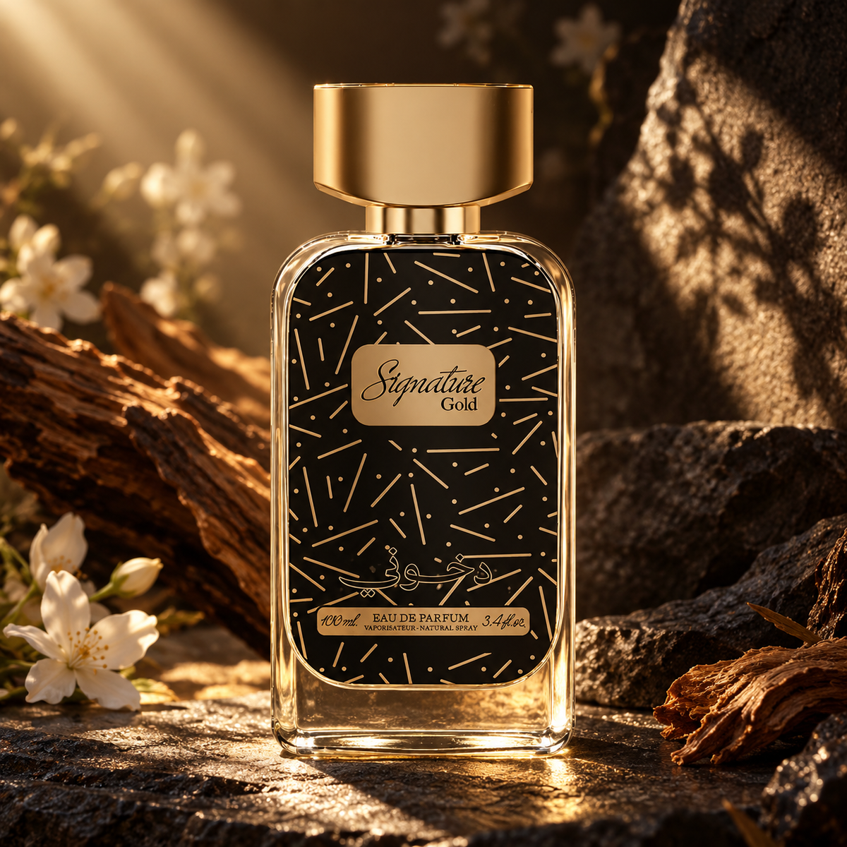 DKHONI Signature Gold 100ml Eau de Parfum — cinematic fragrance photograph