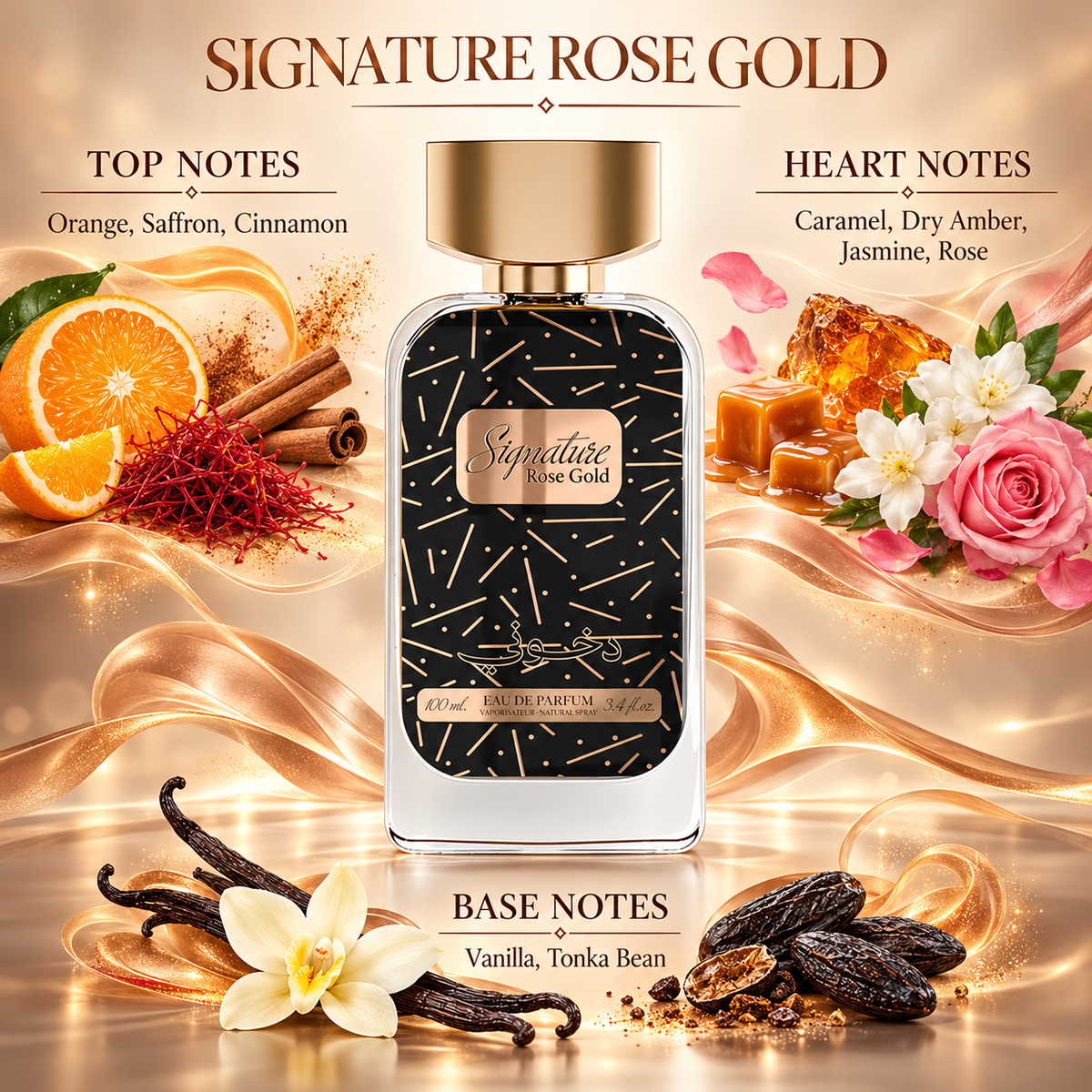 DKHONI Signature Rose Gold 100ml Eau de Parfum bottle with top, heart and base fragrance notes
