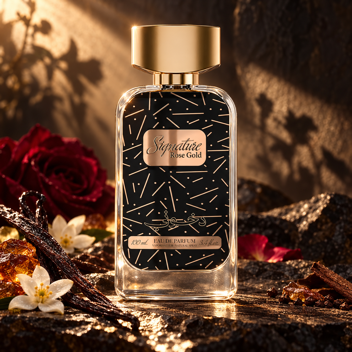 DKHONI Signature Rose Gold 100ml Eau de Parfum — cinematic fragrance photograph