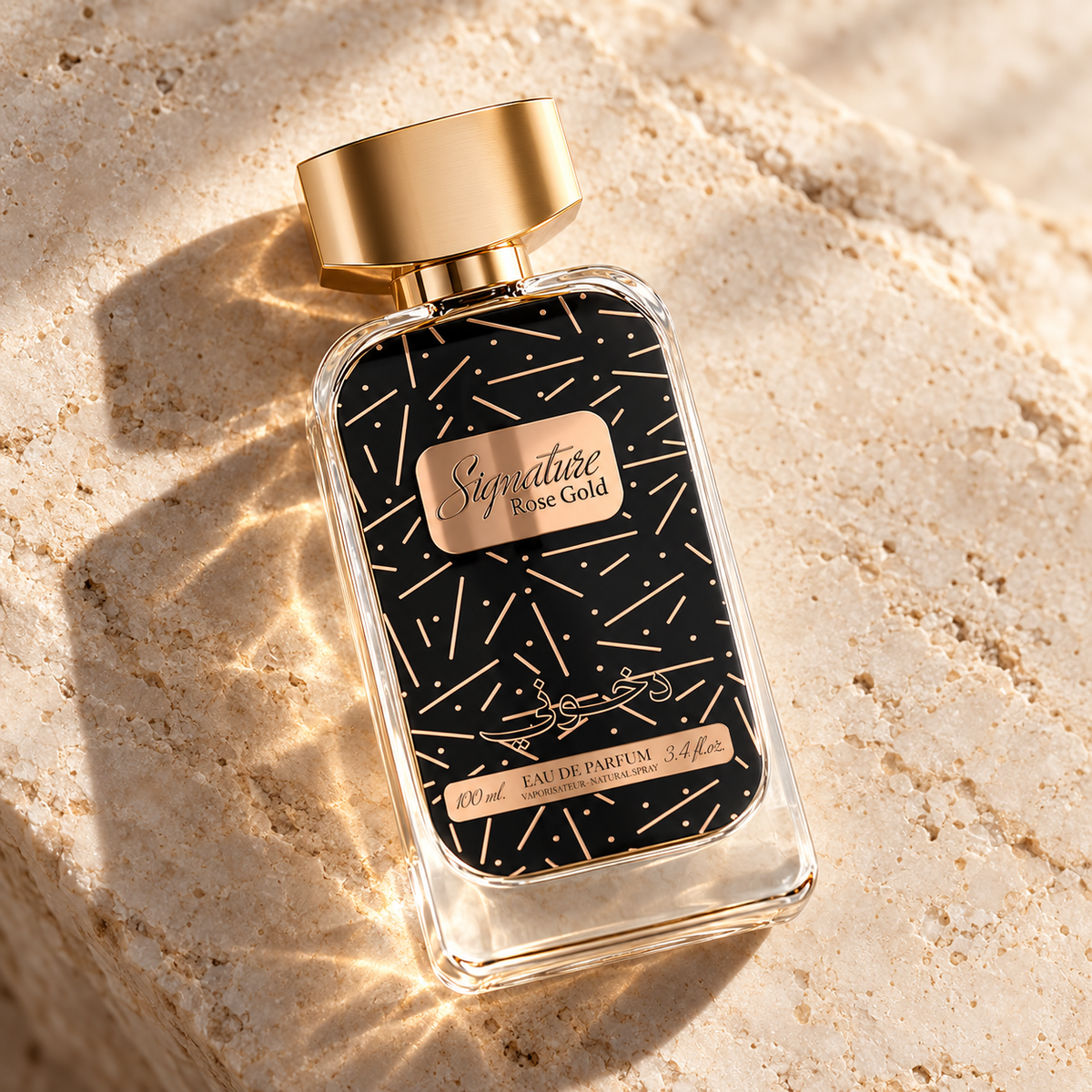 DKHONI Signature Rose Gold 100ml Eau de Parfum — overhead bottle composition