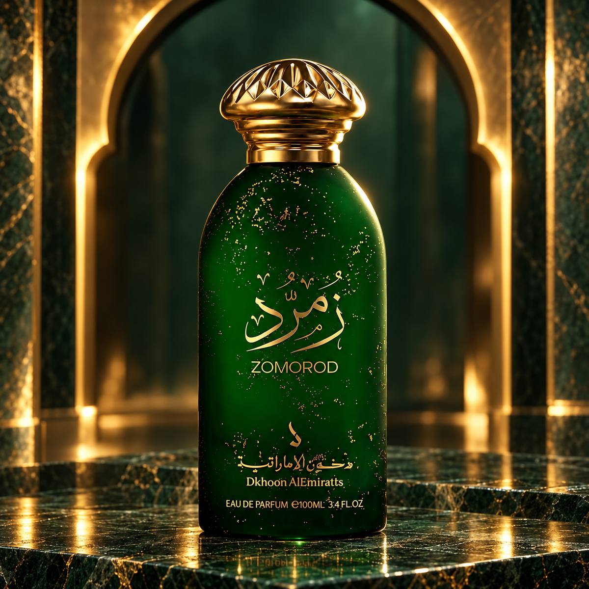 DKHONI Zomorod 100ml Eau de Parfum — bottle in an architectural editorial setting
