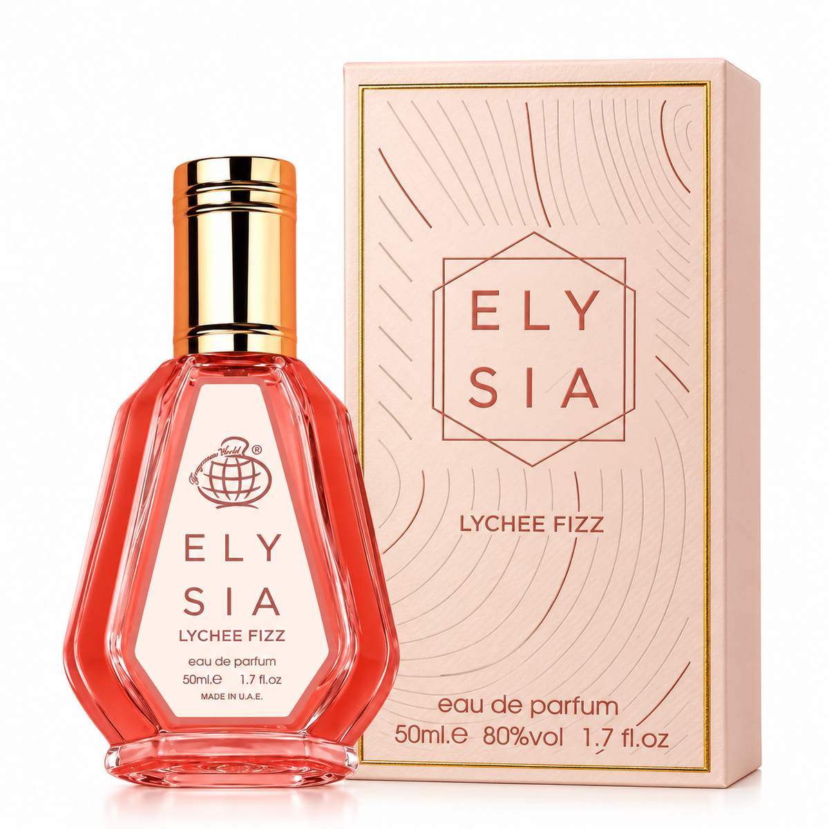 Fragrance World Elysia Lychee Fizz 50ml bottle with original blush pink box