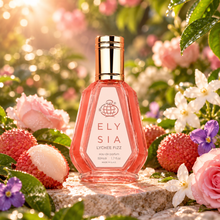 Elysia Lychee Fizz 50ml bottle with lychee and florals in a garden scene