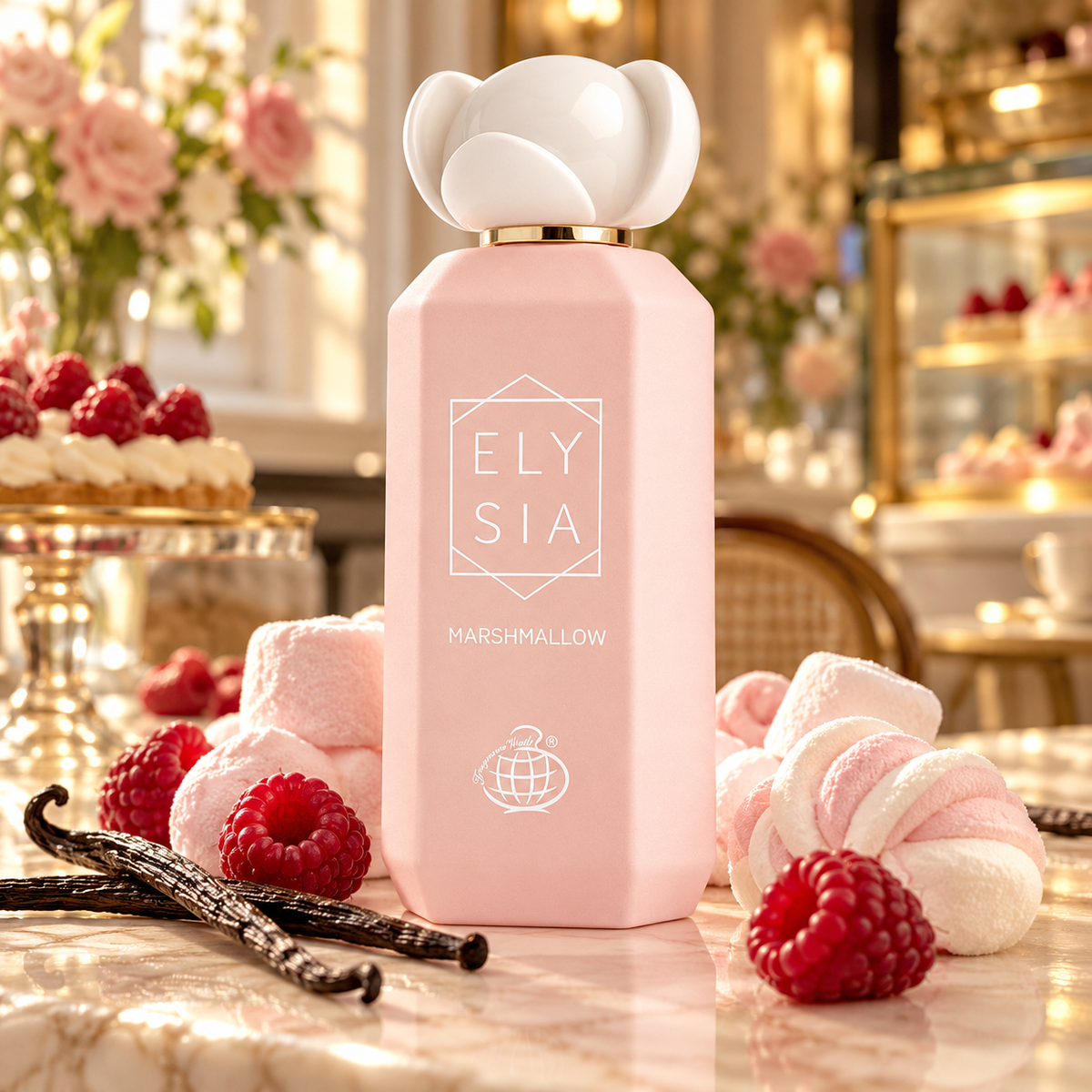Elysia Marshmallow perfume in a patisserie scene with raspberry and vanilla