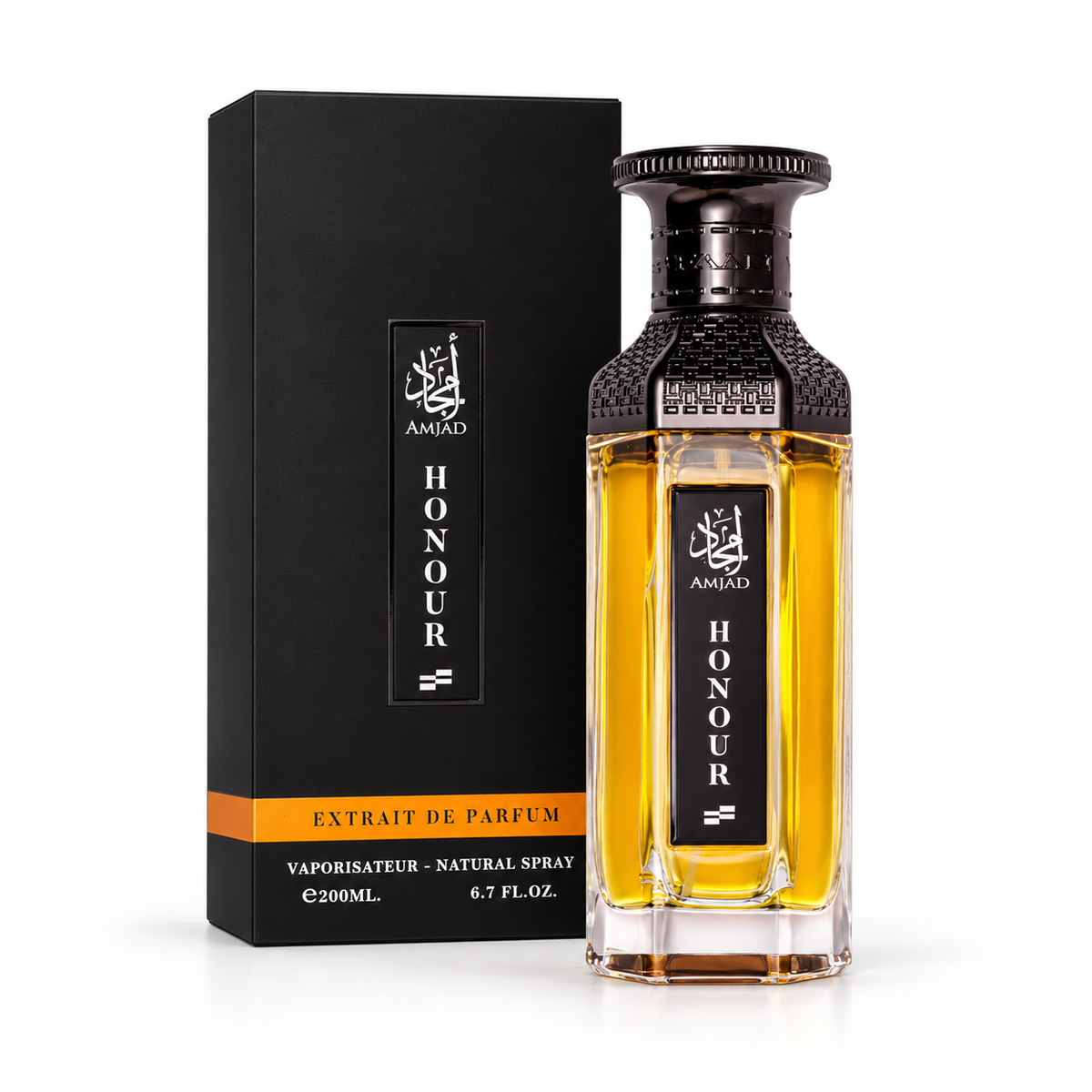 FAAN Amjad Honour Extrait de Parfum 200ml bottle and original black box on white
